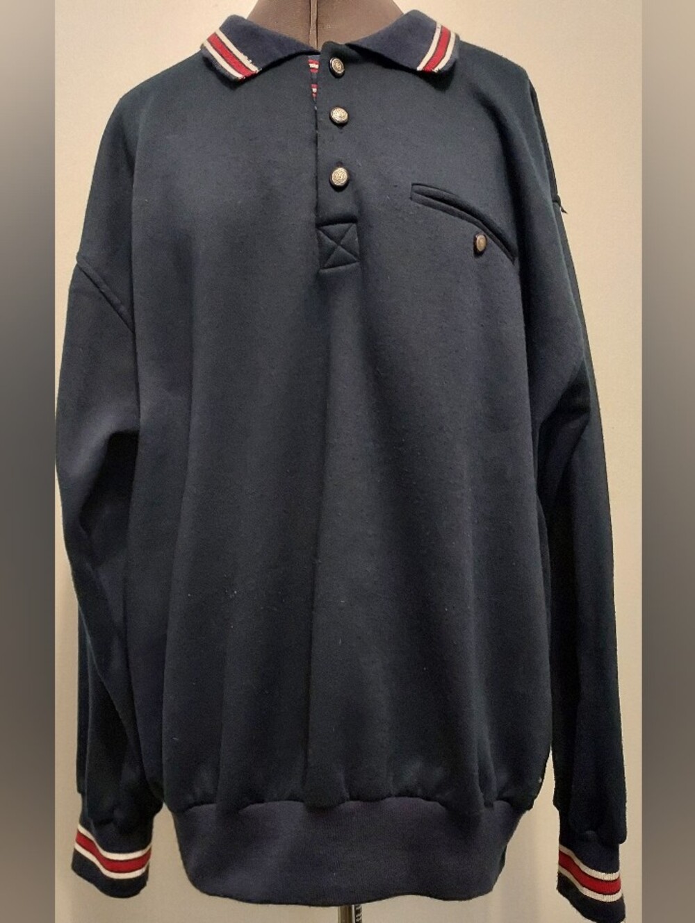 Vintage Christian Dior Monsieur Polo Sweatshirt XL Navy Blue Gold Button Retro